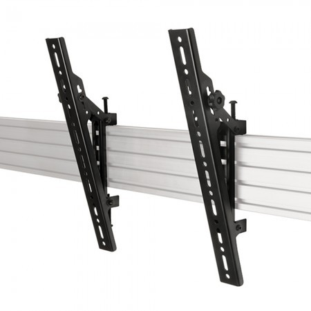 Black metal flat screen interface arms with VESA 400 compatibility, featuring adjustable tilt and mounted on a silver aluminum rail.