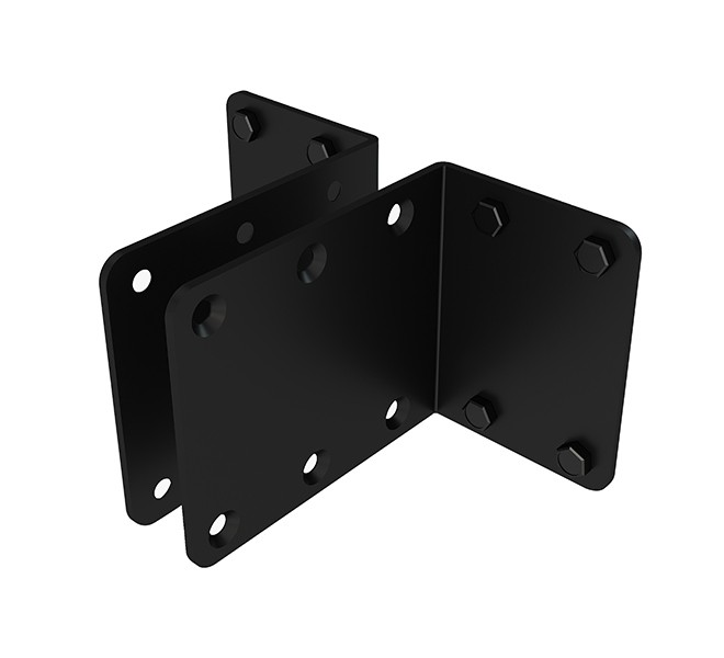 Black metal wall-to-wall mounting brackets featuring four pieces, each with multiple holes for secure installation, designed for use with the BT8390 system by B-Tech.