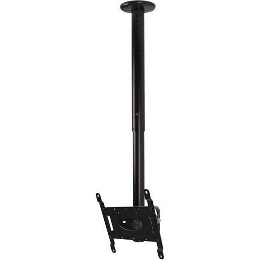 Black telescopic ceiling mount for flat screens, featuring adjustable height and tilt, made of sturdy metal with VESA compatibility for secure attachment.