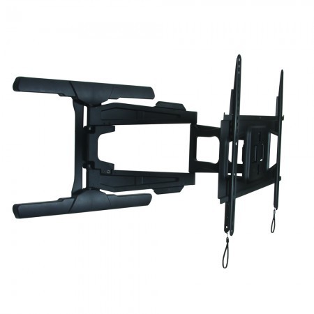 B-Tech Ultra-Slim Double Arm Flat Screen Wall Mount in black, featuring adjustable tilt and swivel arms for optimal viewing angles, made from durable metal and plastic materials.