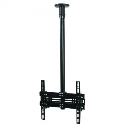Black metal ceiling mount for flat screens, featuring adjustable tilt and VESA 400 compatibility, with a 1-meter long pole and sturdy brackets for secure installation.