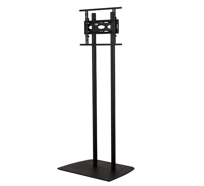 Black metal flat screen floor stand with a sturdy base, designed for VESA 600 x 400 mounts, featuring two vertical poles and adjustable mounting brackets for stability.