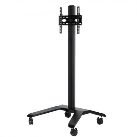 Black metal flat screen trolley with a 1.7m column, featuring a VESA 600 x 400 mount and four wheels for mobility, designed for easy display of flat screens.