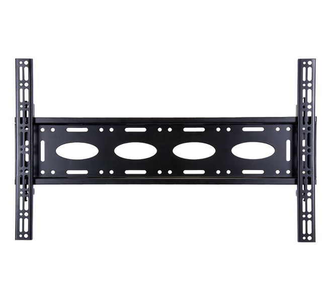 Universal flat screen wall mount in black metal, featuring a VESA 600 compatibility with adjustable brackets and multiple mounting holes for secure installation.