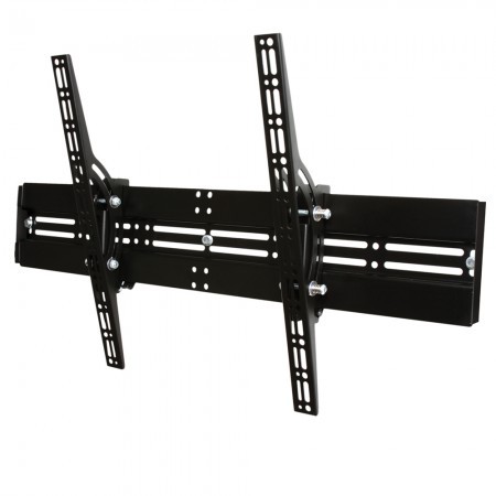 Black tilting TV wall mount designed for screens up to 80 inches, featuring adjustable brackets and a sturdy metal construction for secure installation.