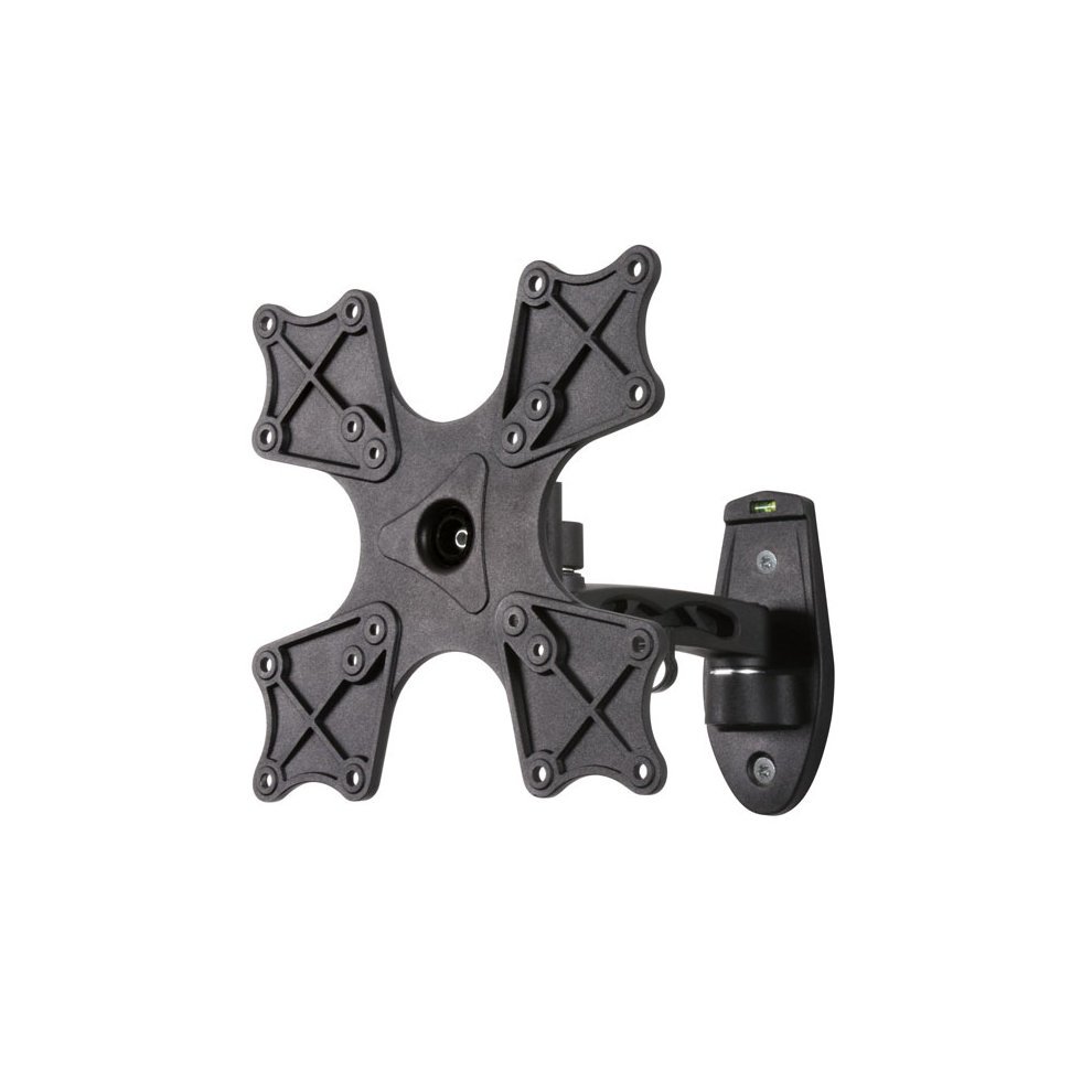 Black tilt and swivel single arm TV wall mount for screens up to 42 inches, featuring a sturdy design with multiple mounting points and a built-in level indicator.