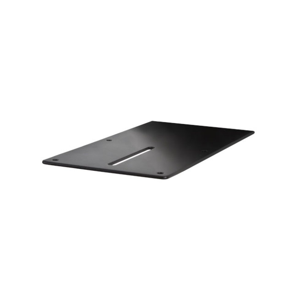 Black metal AV accessory shelf with a smooth surface and a central slot for cable management, designed for mounting small devices securely.