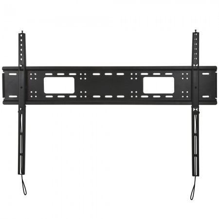 Black metal TV wall mount designed for screens over 65 inches, featuring adjustable brackets and multiple mounting holes for secure installation.