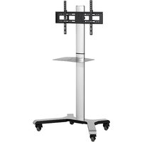 Black and silver B-Tech XRTROLLEY TV stand with adjustable mount, wheeled base, and small shelf.
