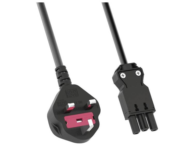 Black UK plug with a pink insert on one end and a black connector with two pins on the other, featuring a flexible cable.