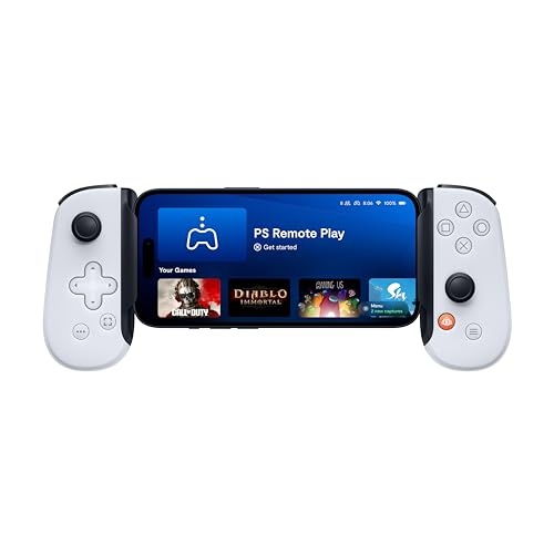 Backbone One PlayStation iPhone controller features a sleek black and white design, ergonomic grips, and connects via Lightning port, displaying PS Remote Play on the iPhone screen.