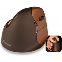 Ergonomic vertical mouse, dark brown with silver buttons, wireless design, thumb rest, and scroll wheel.
