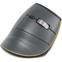 Ergonomic gray BakkerElkhuizen FastForward mouse with vertical design, silver scroll wheel, and yellow trim.