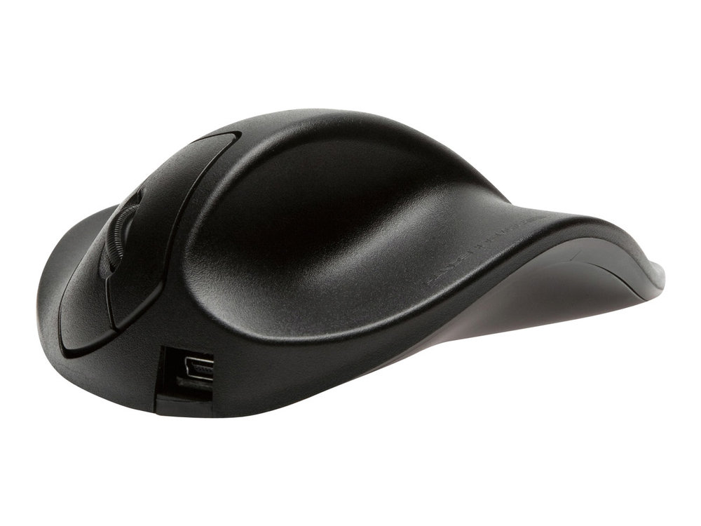 Black ergonomic right-handed mouse with a smooth, contoured design, featuring a scroll wheel and USB connection, made for comfortable hand positioning.