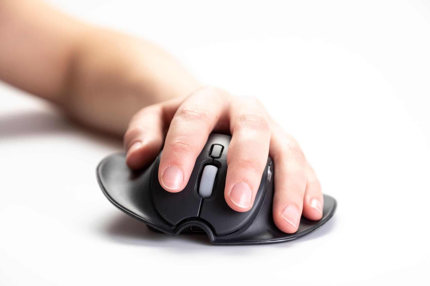 Black ergonomic mouse with a unique hand-shaped design, featuring a scroll wheel and a Bluetooth 5.0 connection, being used by a hand on a white background.
