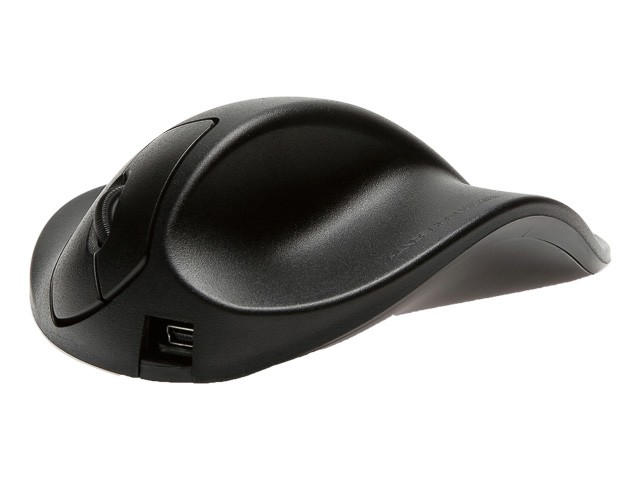 Black ergonomic wireless mouse designed for right-handed users, featuring a smooth, curved shape, a scroll wheel, and a USB receiver compartment on the side.