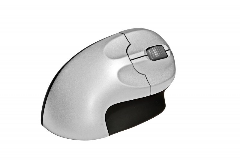 Silver ergonomic wireless mouse with a textured grip, featuring a prominent scroll wheel and a side button, designed for comfort and ease of use.