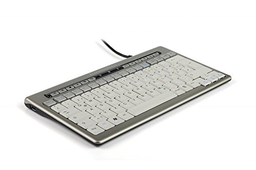 Sleek silver and white USB mini keyboard with low-profile keys, compact design, and multimedia function keys, ideal for space-saving setups.