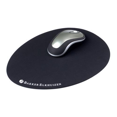 Black oval mouse pad with a smooth surface, featuring the BakkerElkhuizen logo, paired with a sleek silver and black ergonomic mouse.