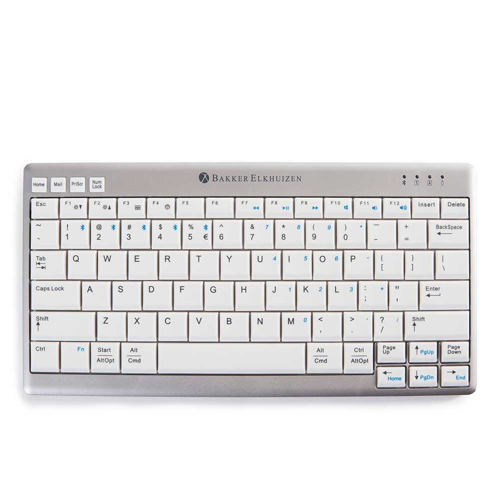 BakkerElkhuizen UltraBoard 950 V2 keyboard in silver and white, featuring a compact QWERTY layout, USB and Bluetooth connectivity, and blue accent keys for easy visibility.
