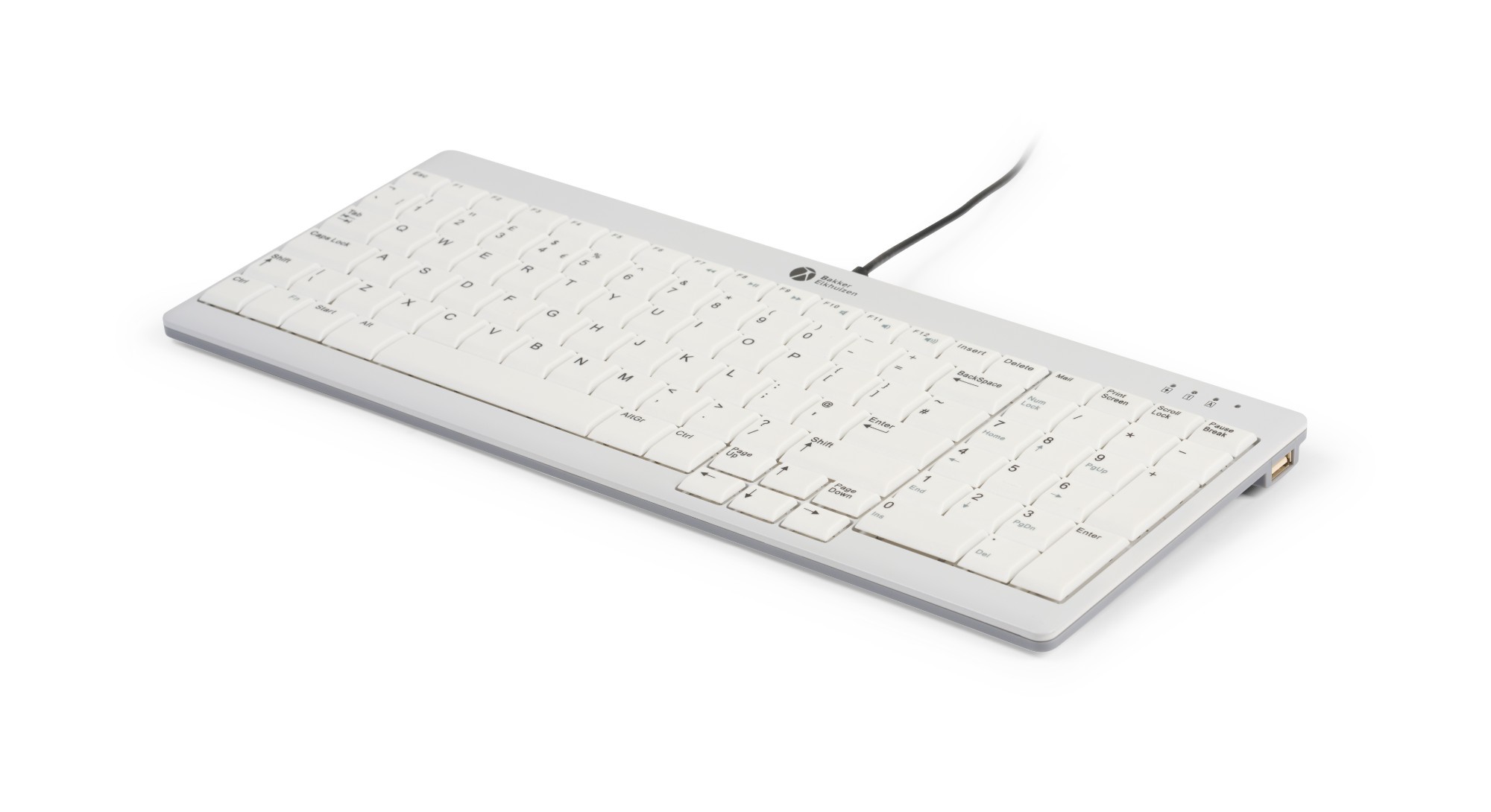 Compact wired keyboard in white with a sleek design, featuring low-profile keys, a numeric keypad, and a USB connection for easy plug-and-play use.