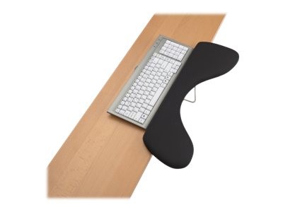 Black symmetrical underarm support resting on a wooden desk beside a silver keyboard, designed for ergonomic comfort during typing.
