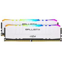 Two white Ballistix DDR4 memory modules, each 8 GB, featuring colorful RGB lighting along the top edge, labeled with "Ballistix" and "Crucial," designed for high-performance gaming.