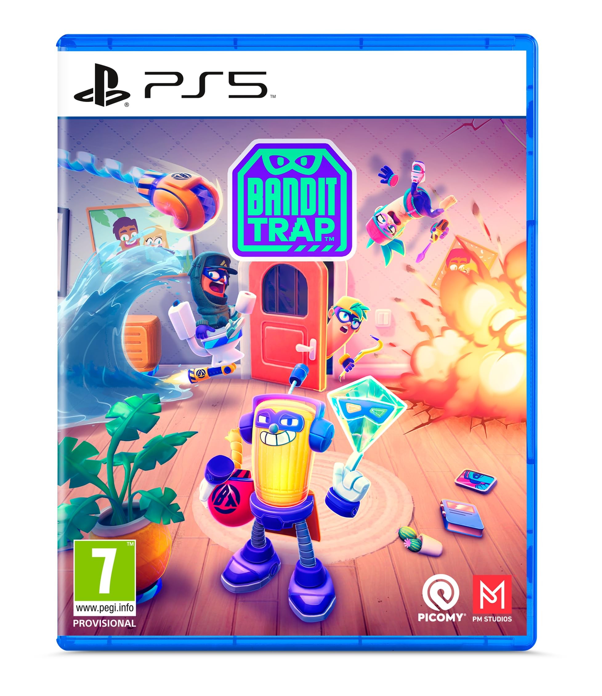 Colorful PS5 game cover for "Bandit Trap" featuring cartoonish characters in a vibrant room, with a playful design and bold purple title at the center.