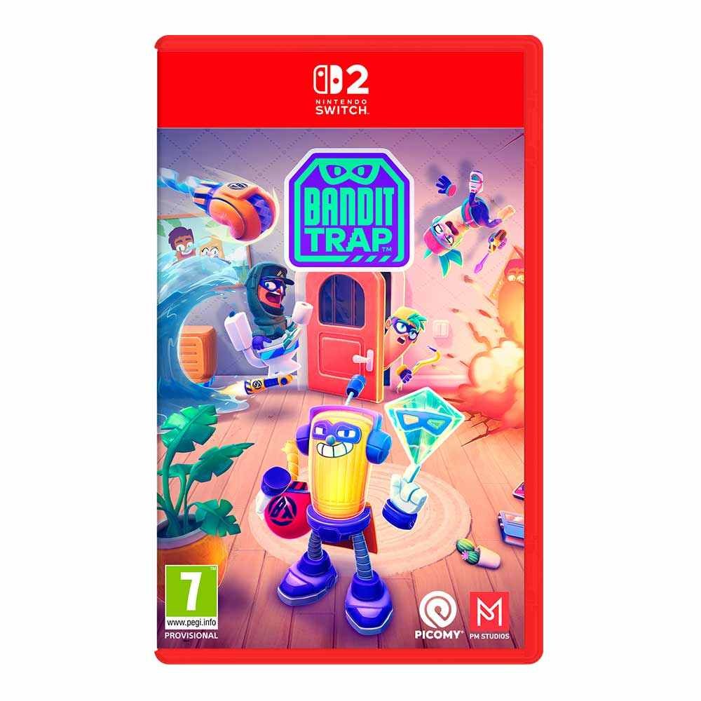 Bright red Nintendo Switch game case featuring "Bandit Trap - Switch 2" title, colorful cartoon characters, and vibrant graphics with playful elements like doors and objects.