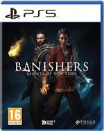 Cover art features two characters, one with a glowing blue flame and the other with a spectral effect, against a dark background; title "Banishers: Ghosts of New Eden" prominently displayed.