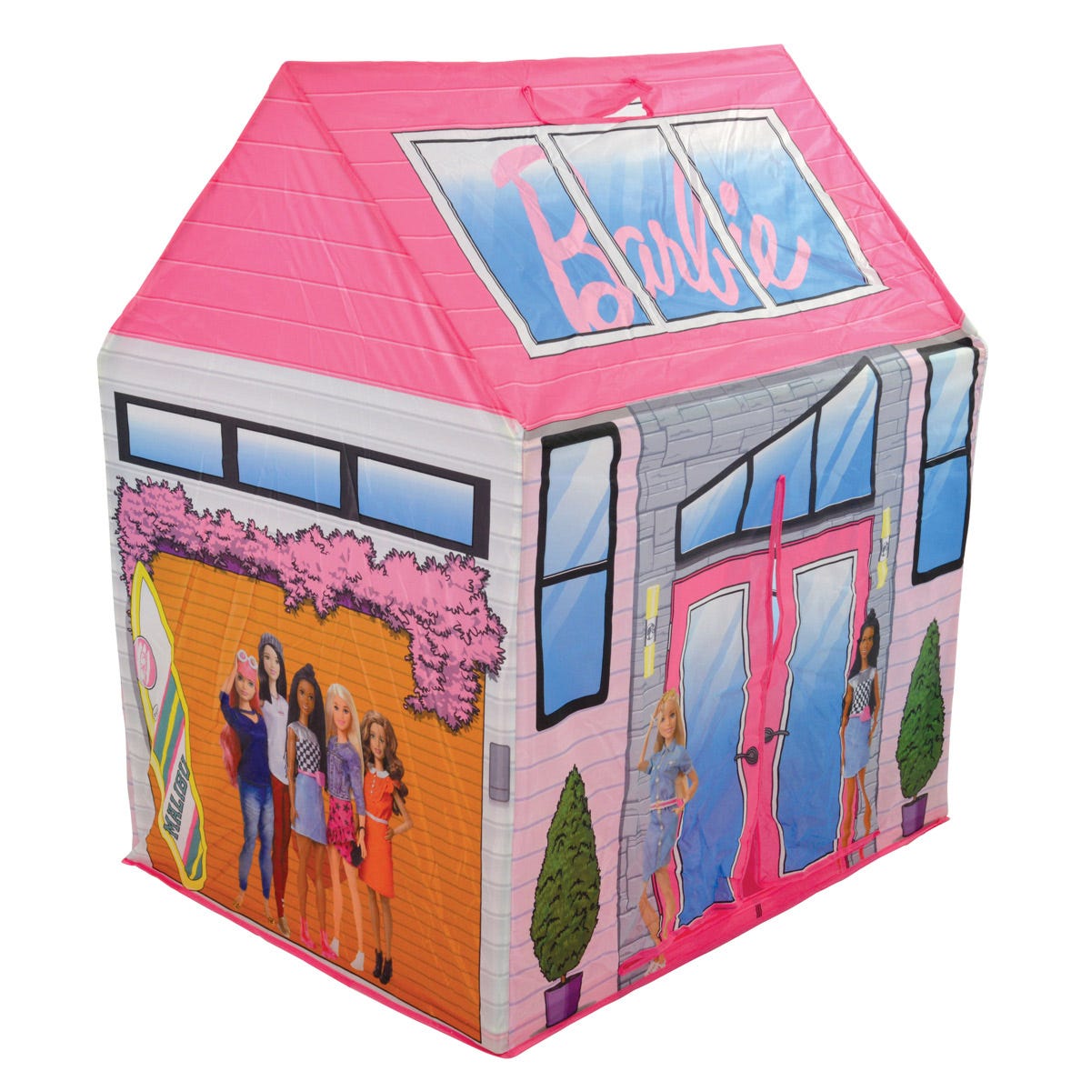 Bright pink play tent designed as a Barbie Dreamhouse, featuring colorful graphics of Barbie and friends, with a peaked roof and large windows.