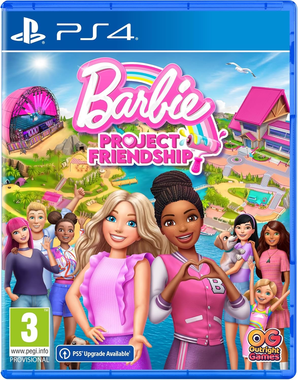 Barbie Project Friendship for PlayStation 4 features a colorful cover with Barbie and friends, a vibrant rainbow, and a pink house, set against a cheerful background.