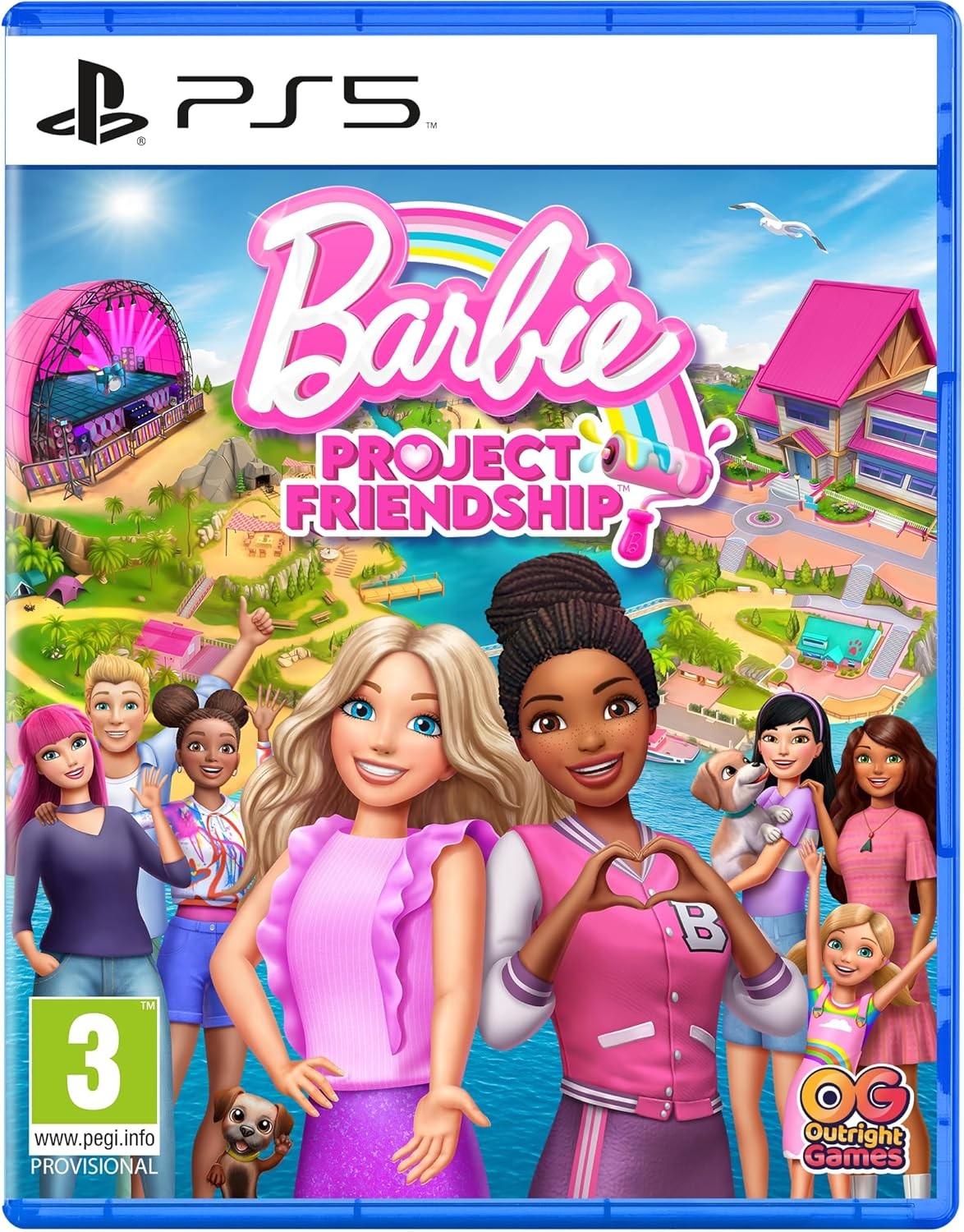 Barbie Project Friendship for PS5 features a colorful cover with Barbie and friends, a vibrant landscape, and a rainbow, showcasing themes of friendship and adventure.