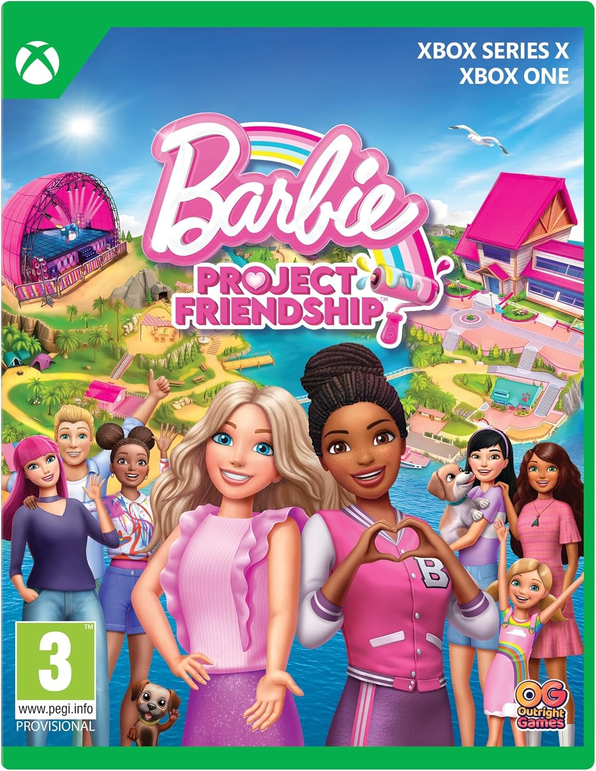 Colorful game cover featuring Barbie and friends, with a vibrant landscape and a pink logo reading "Barbie Project Friendship" for Xbox Series X and Xbox One.