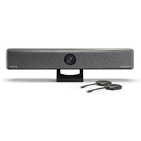 Barco Bar Pro Grey soundbar with central camera, sleek design, and two wireless connectors.