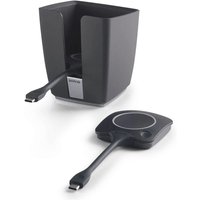 Barco ClickShare Button and Tray Pack, black tray with two USB buttons, sleek design, silver Barco logo.