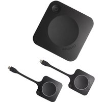 Black Barco ClickShare CX-30 Gen 2 system with square base unit and two USB-C button controllers.