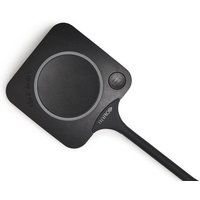 Black Barco ClickShare remote with square touchpad, circular button, and slim handle.
