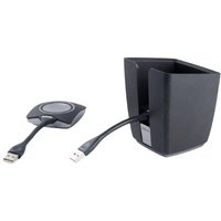 Black Barco ClickShare Tray with sleek holder and USB dongle featuring a circular button and short cable.