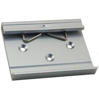 Barox DIN rail mounting set, silver metal plate with three holes and two spring clips.