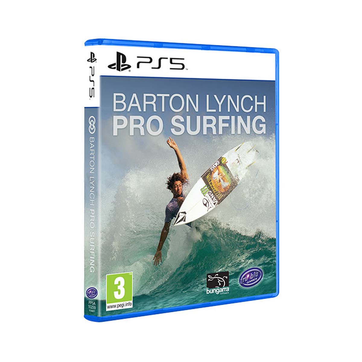 Barton Lynch Pro Surfing for PS5 features a vibrant blue case, showcasing a surfer riding a wave on the cover, with the title prominently displayed in bold white letters.