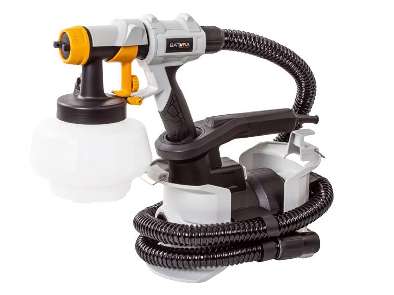 Batavia 7064579 HVLP paint sprayer features a gray and black design with an orange trigger, a detachable white paint container, and a flexible hose for easy maneuverability.