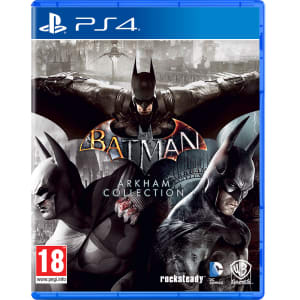 Batman: Arkham Collection for PS4 features a blue case, with a dynamic cover showcasing Batman in various poses against a dark city backdrop, highlighting the game's title prominently.