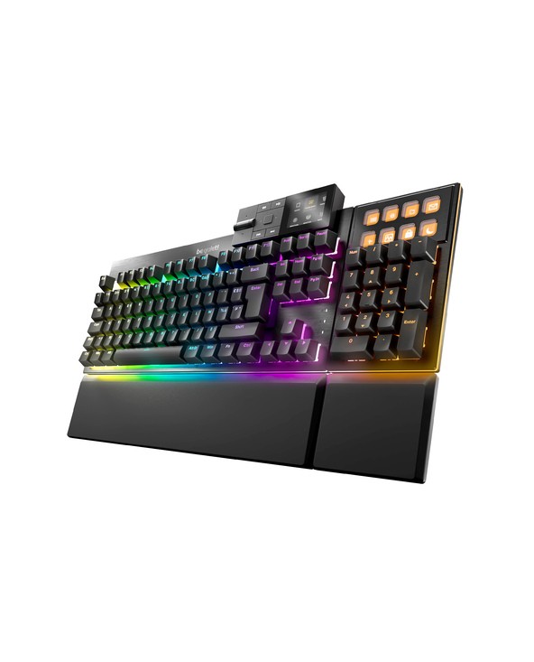 Be Quiet! Dark Mount Silent Linear FR ISO keyboard features a sleek black design with customizable RGB lighting, a detachable wrist rest, and quiet linear switches for gaming.