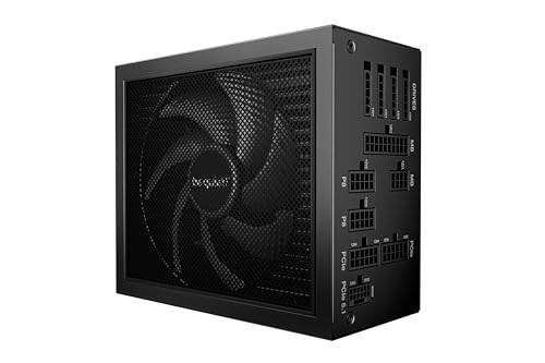 Black metal power supply unit with a large mesh fan on one side, multiple PCIe connectors, and labeled ports, featuring a sleek, modern design for efficient cooling and performance.