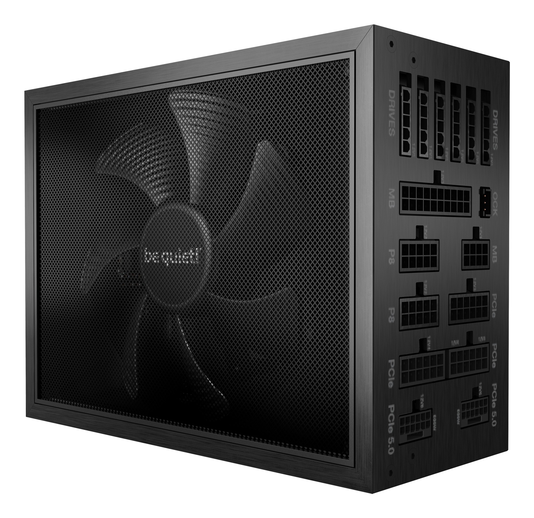 Black power supply unit with a large mesh fan, featuring multiple connectors including 20+4 pin ATX, and labeled ports for motherboard, PCIe, and peripherals.