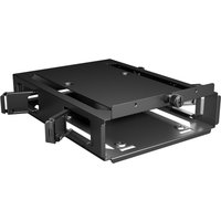Black metal HDD cage with adjustable brackets, dual bay design, and screw holes for mounting.