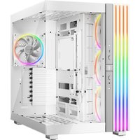 White full tower PC case with RGB lighting, transparent side panel, and multiple cooling fans by be quiet!