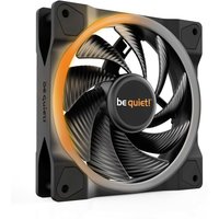Black 120mm ARGB PWM fan with spiral blades, orange LED ring, and "be quiet!" logo on the center hub.