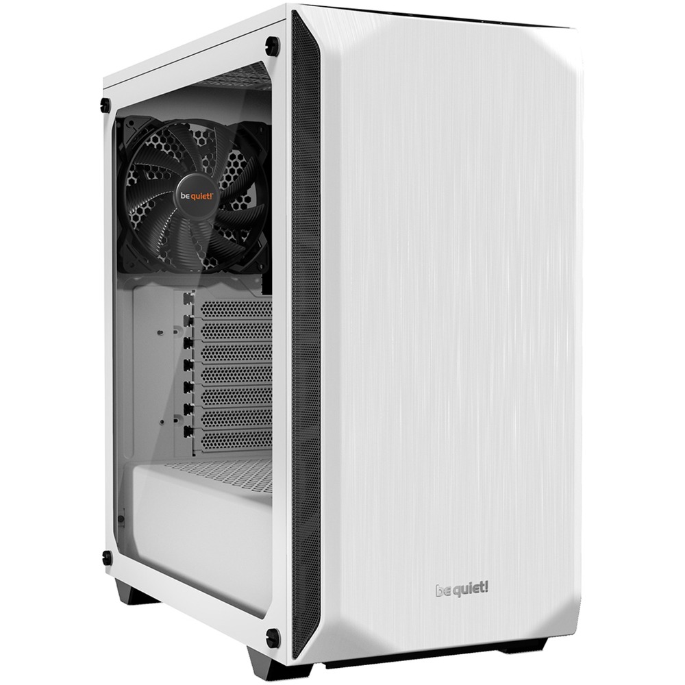 White mid-tower PC case with a tempered glass side panel, featuring a sleek brushed aluminum finish, a black cooling fan, and multiple ventilation slots for airflow.
